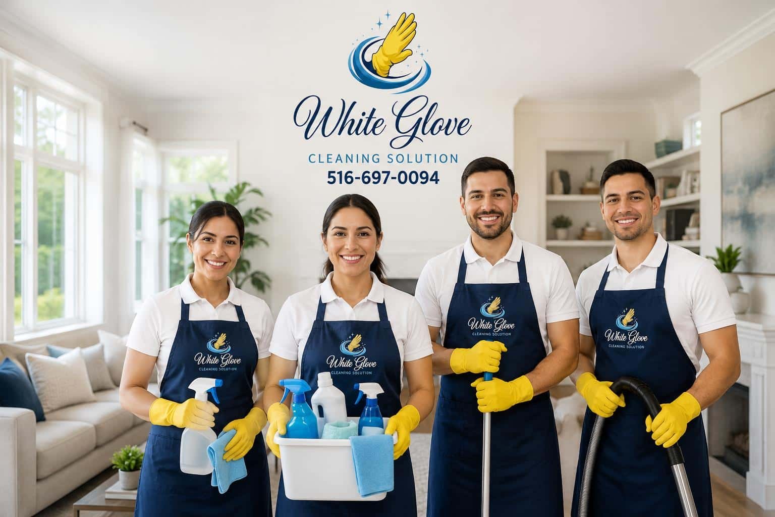 White Glove Cleaning Solution. Professional cleaners with equipment in front of a building