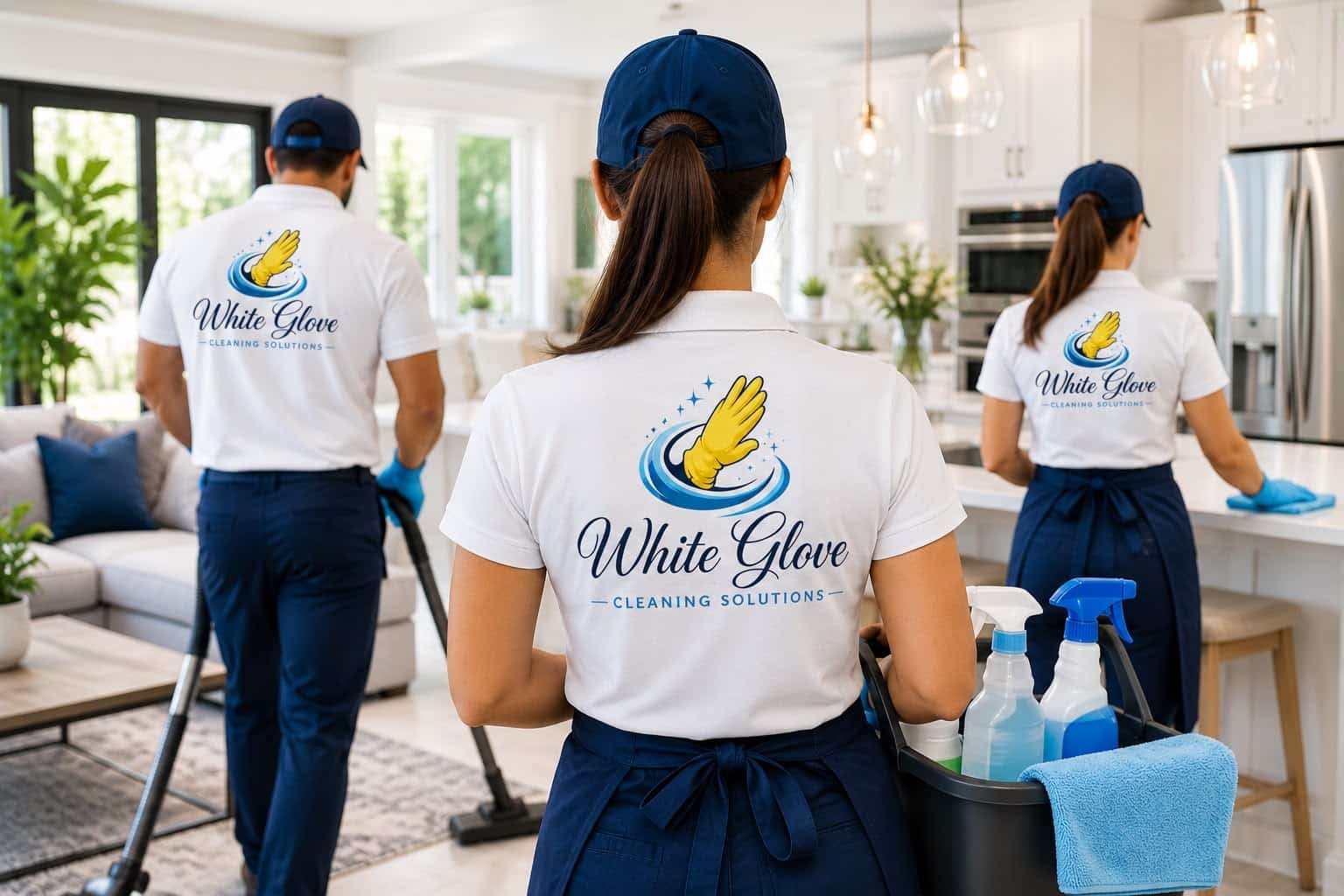Professional cleaners with equipment in front of a building